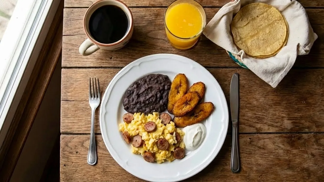 Huevos con salchicha del desayuno servido en Casa Hebrón