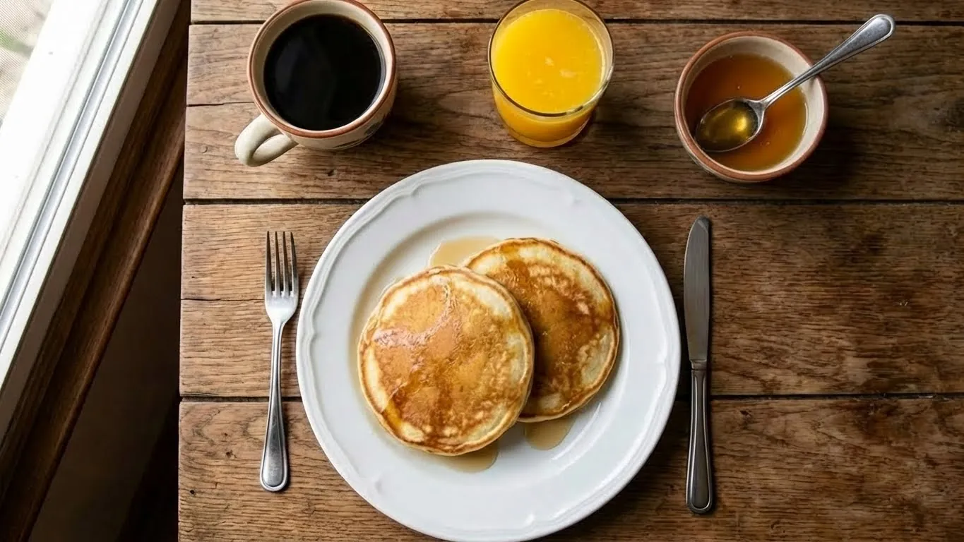Panqueques con miel y fruta servidos en Casa Hebrón